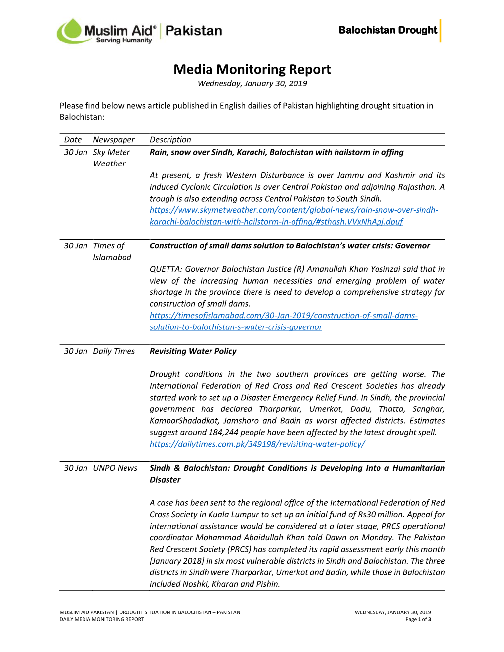 Media Monitoring Report Wednesday, January 30, 2019