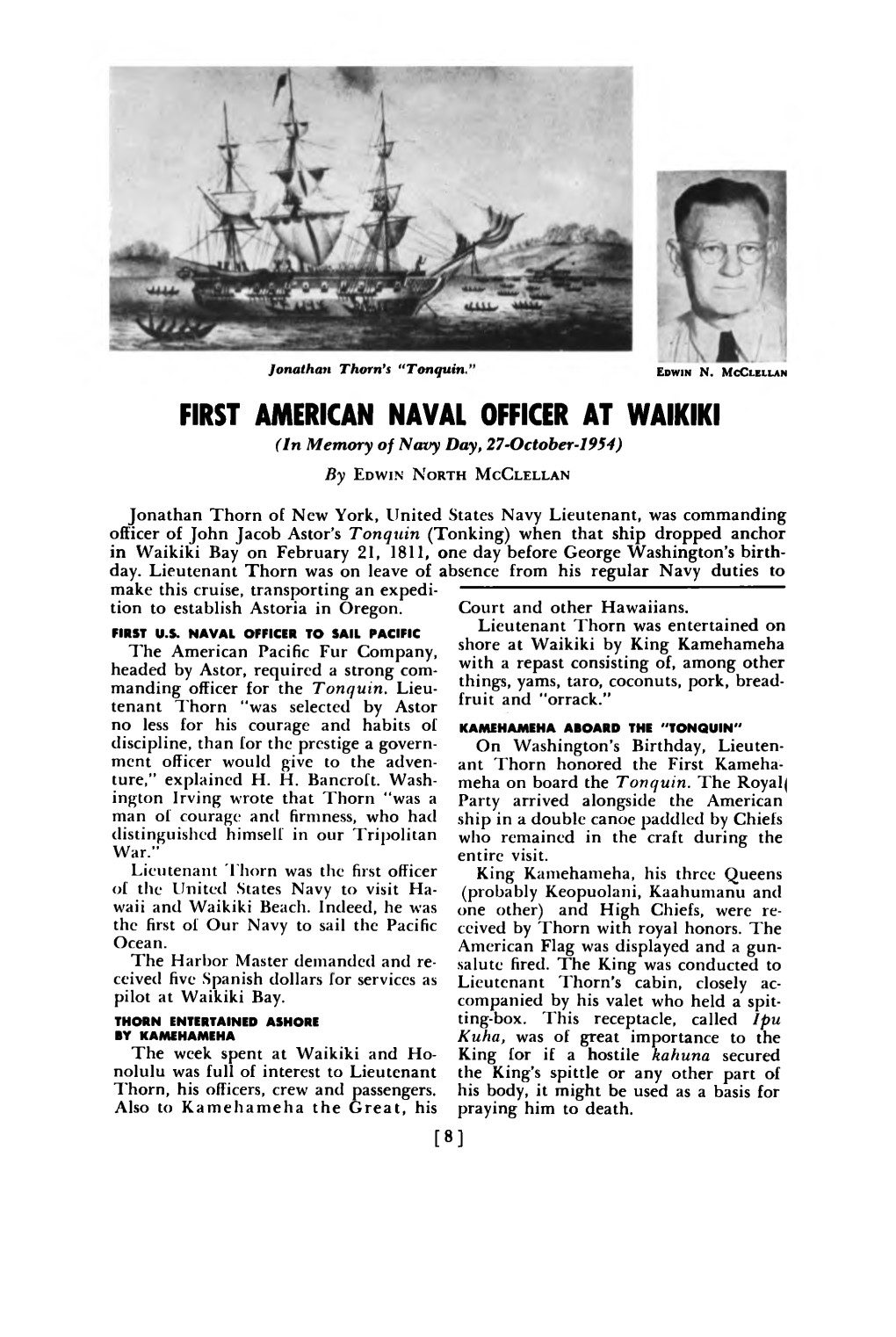 FIRST AMERICAN NAVAL OFFICER at WAIKIKI (In Memory of Navy Day, 27-October-1954)