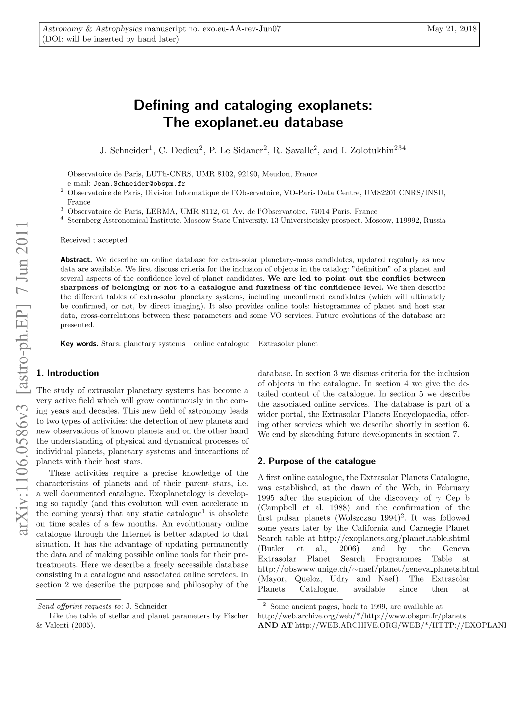 Arxiv:1106.0586V3 [Astro-Ph.EP] 7 Jun 2011 Catalogue Through the Internet Is Better Adapted to That Search Table at Table.Shtml Situation