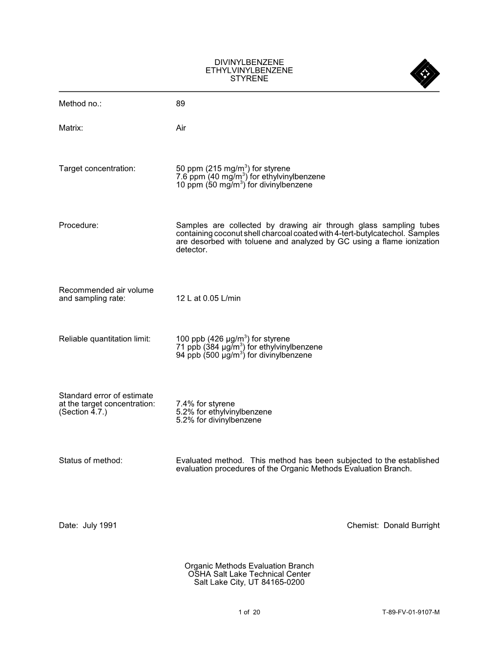 89 Matrix: Air Target Concentration: 50 Ppm (215 Mg/M3)