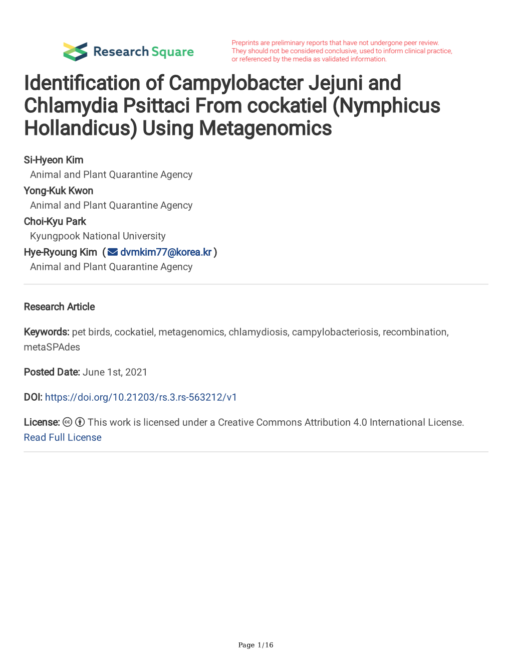 Identi Cation of Campylobacter Jejuni and Chlamydia Psittaci from Cockatiel