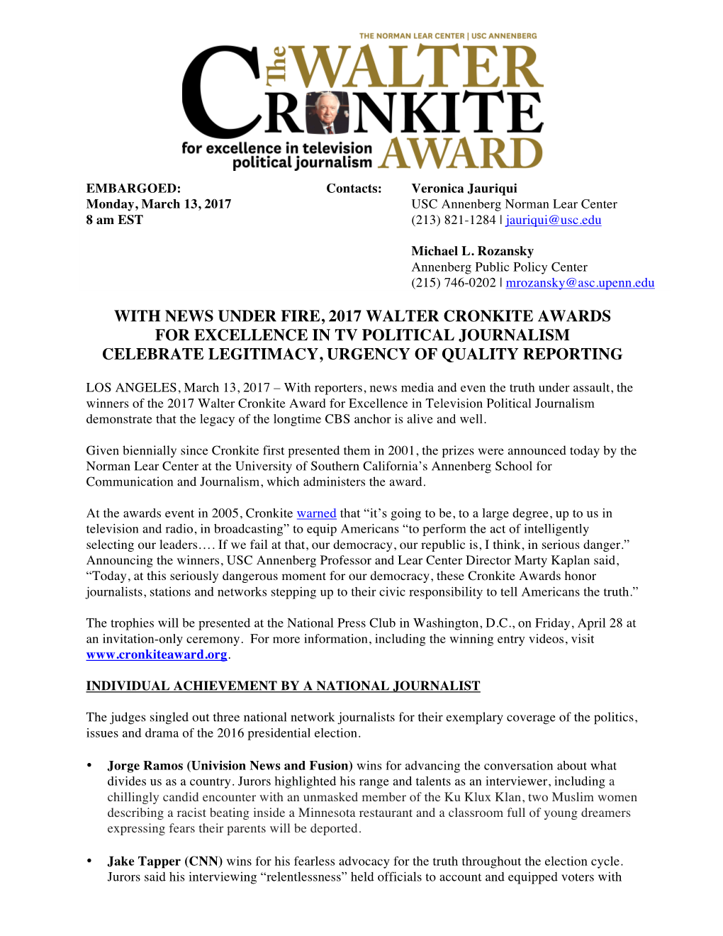 With News Under Fire, 2017 Walter Cronkite Awards for Excellence in Tv Political Journalism Celebrate Legitimacy, Urgency of Quality Reporting