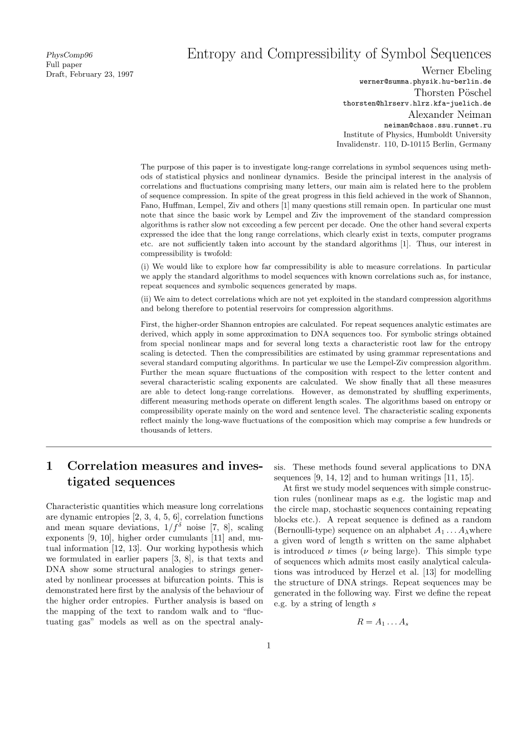 Entropy and Compressibility of Symbol Sequences