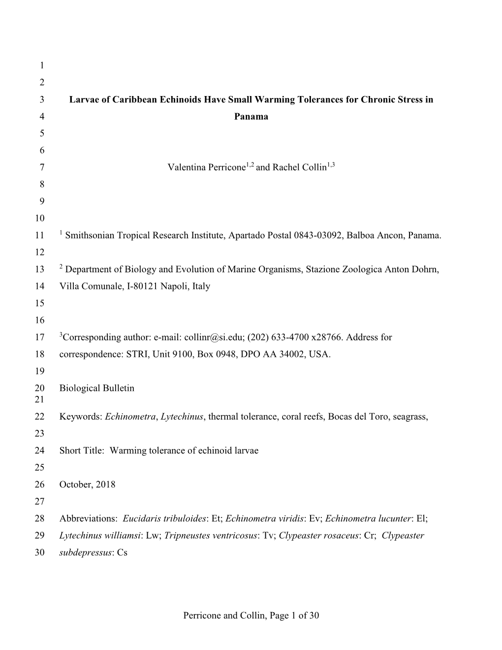 Perricone and Collin, Page 1 of 30 1 2 Larvae of Caribbean Echinoids