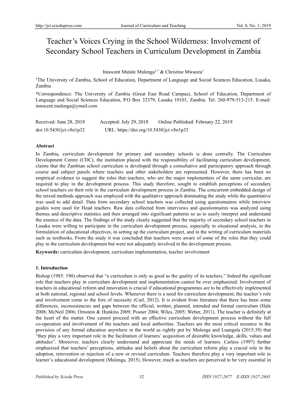 Involvement of Secondary School Teachers in Curriculum Development in Zambia