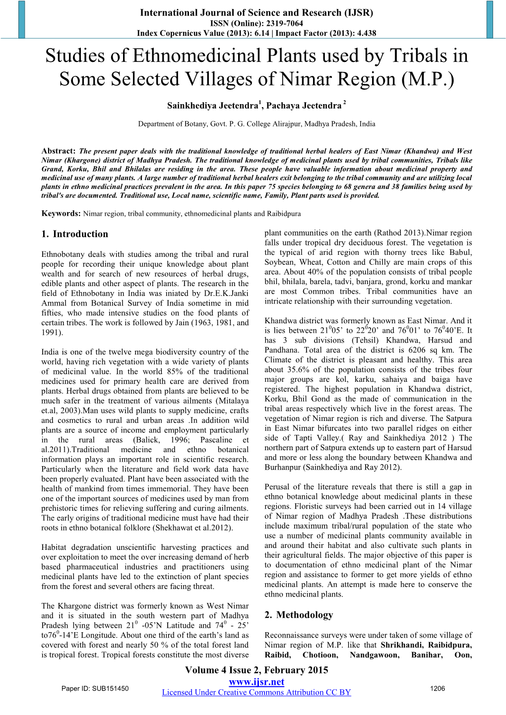 Studies of Ethnomedicinal Plants Used by Tribals in Some Selected Villages of Nimar Region (M.P.)