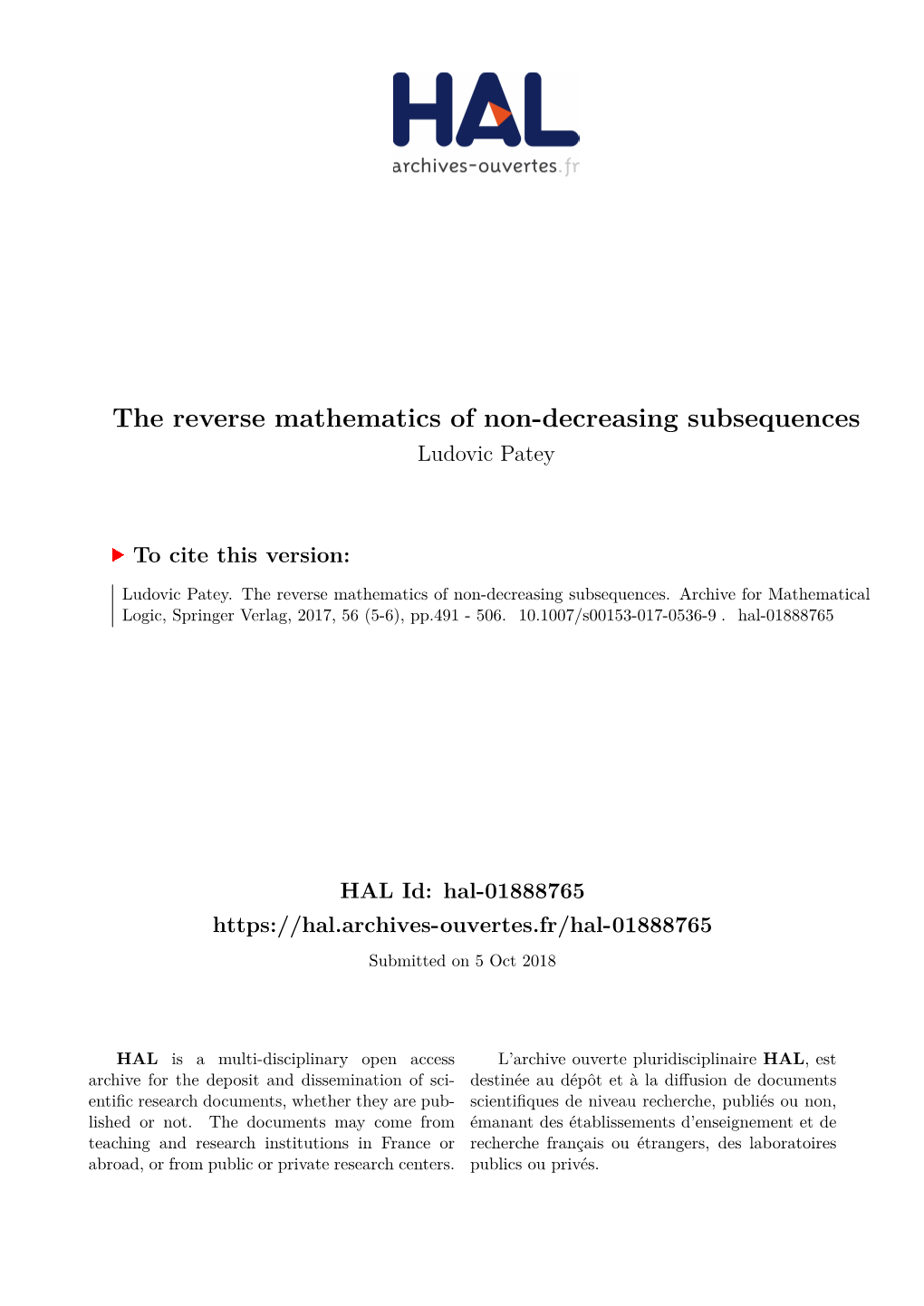 The Reverse Mathematics of Non-Decreasing Subsequences Ludovic Patey