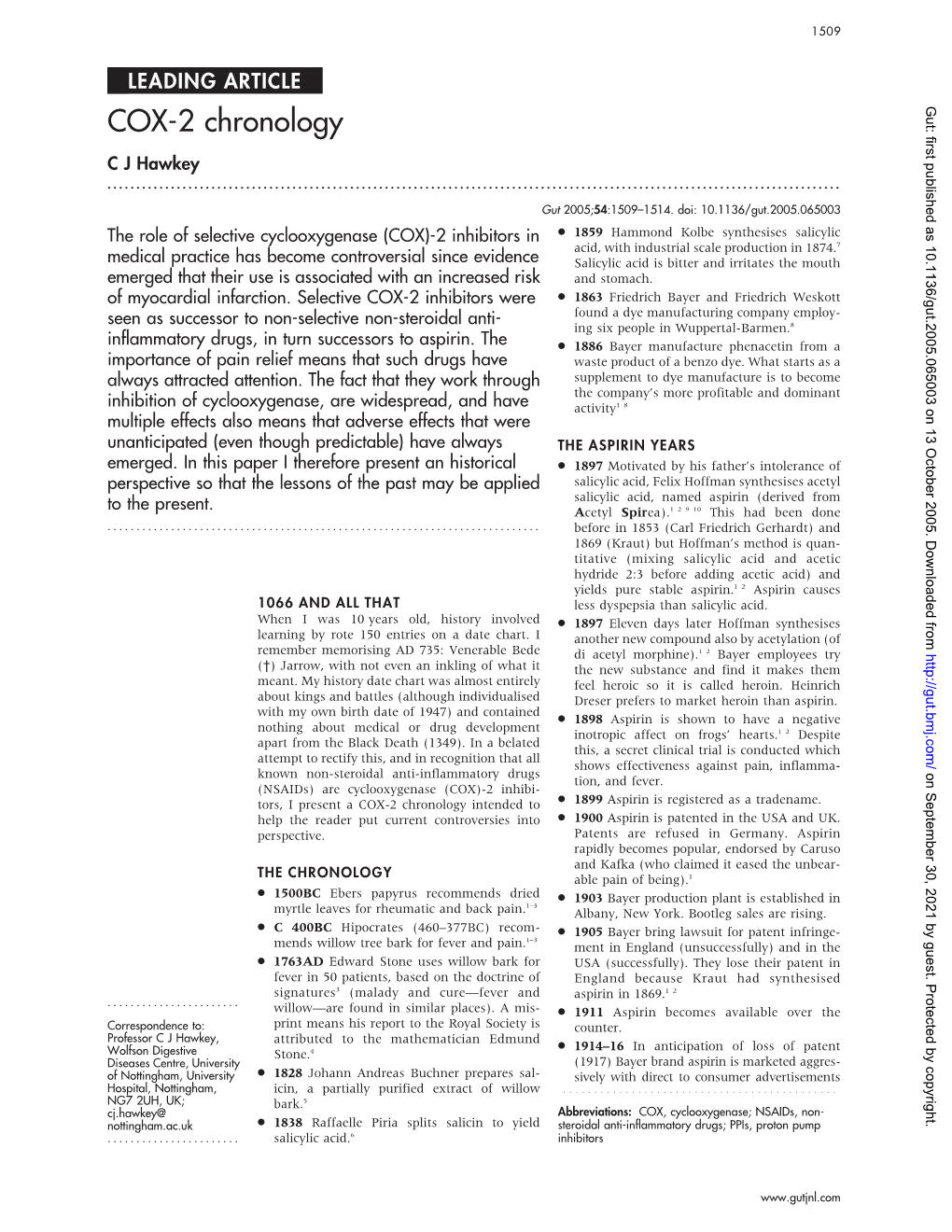 COX-2 Chronology C J Hawkey