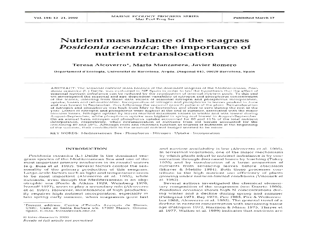 Posidonia Oceanica: the Importance of Nutrient Retranslocation
