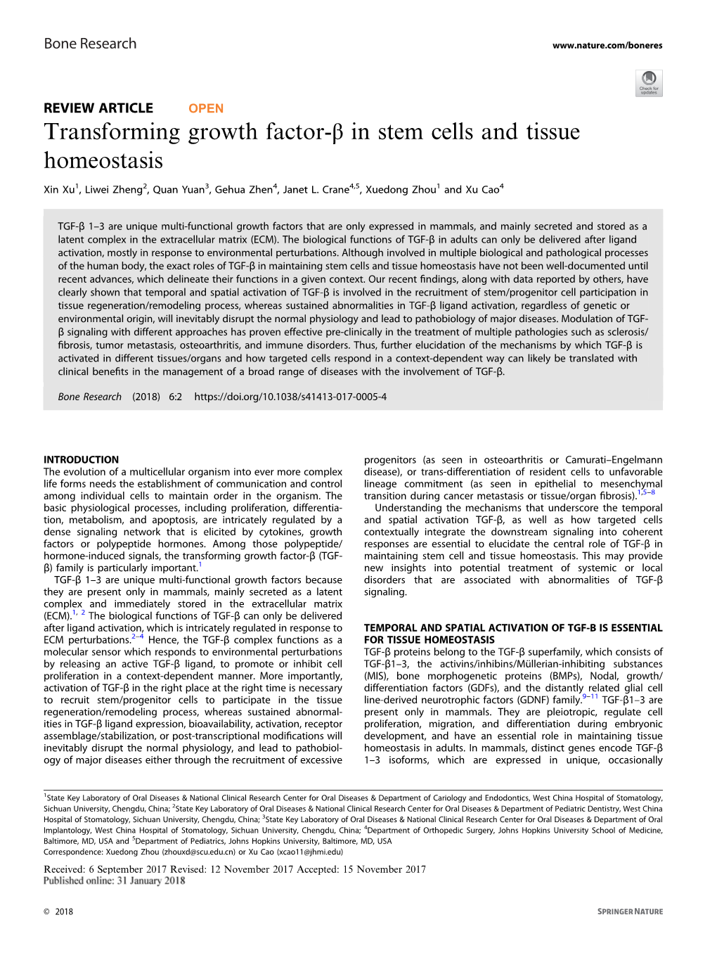 Transforming Growth Factor-Î² in Stem Cells and Tissue Homeostasis