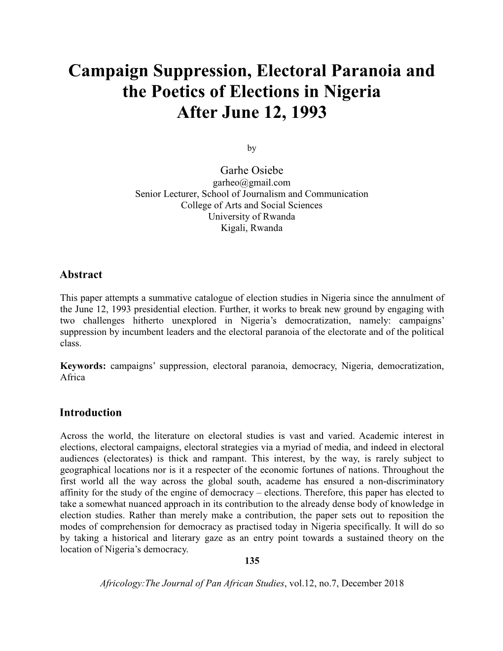 Campaign Suppression, Electoral Paranoia and the Poetics of Elections in Nigeria After June 12, 1993