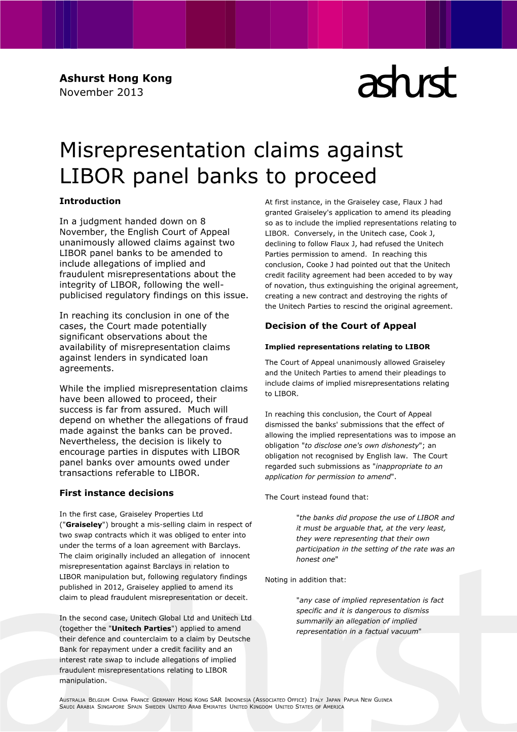 Misrepresentation Claims Against LIBOR Panel Banks to Proceed