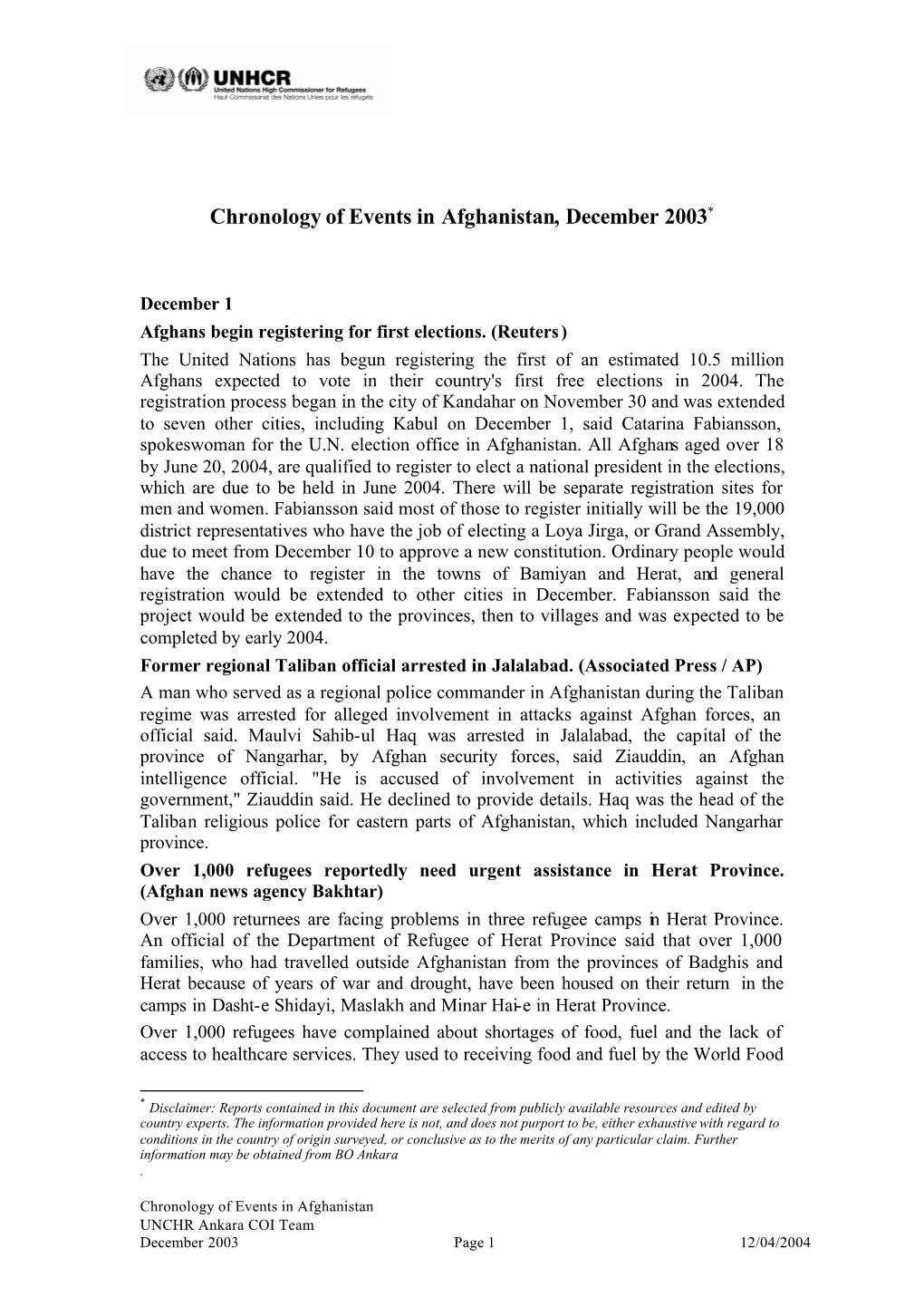 Chronology of Events in Afghanistan, December 2003*