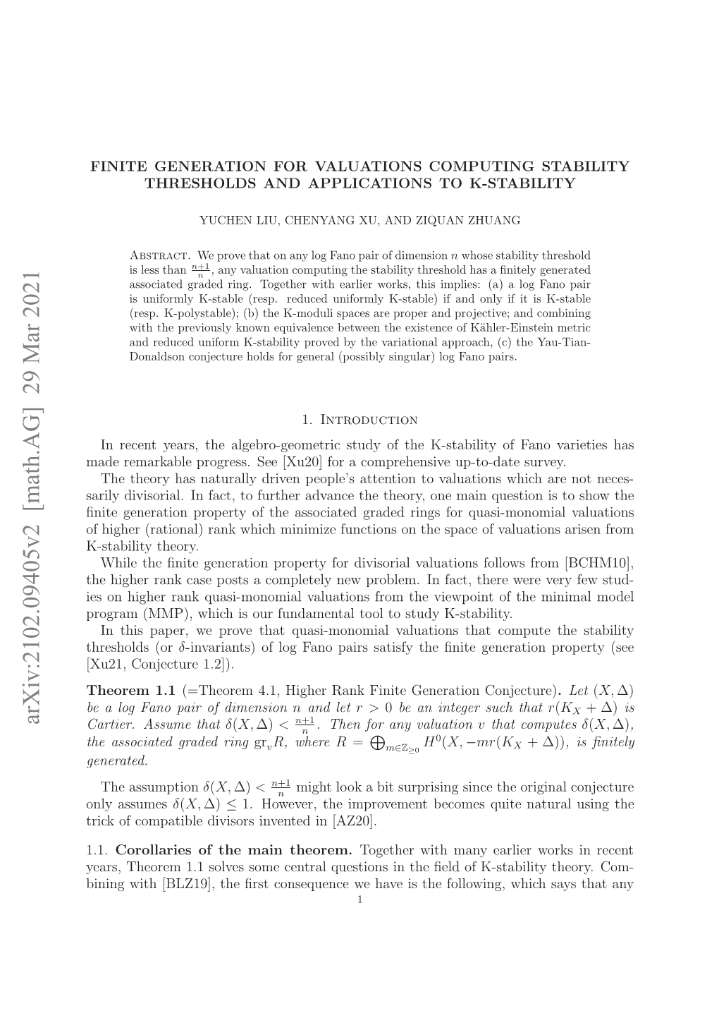 Arxiv:2102.09405V2 [Math.AG] 29 Mar 2021 Fhge Rtoa)Rn Hc Iiiefntoso H Pc Fvalu of Space Qua the on for Functions Rings Minimize Theory