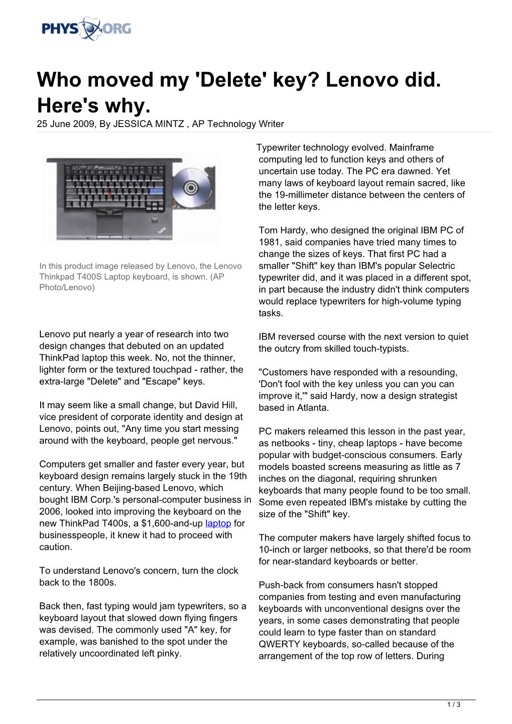 'Delete' Key? Lenovo Did. Here's Why. 25 June 2009, by JESSICA MINTZ , AP Technology Writer