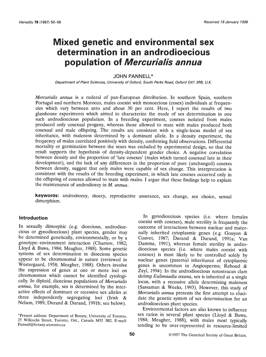 Determination in an Androdioecious Population of Mercurialls Annua