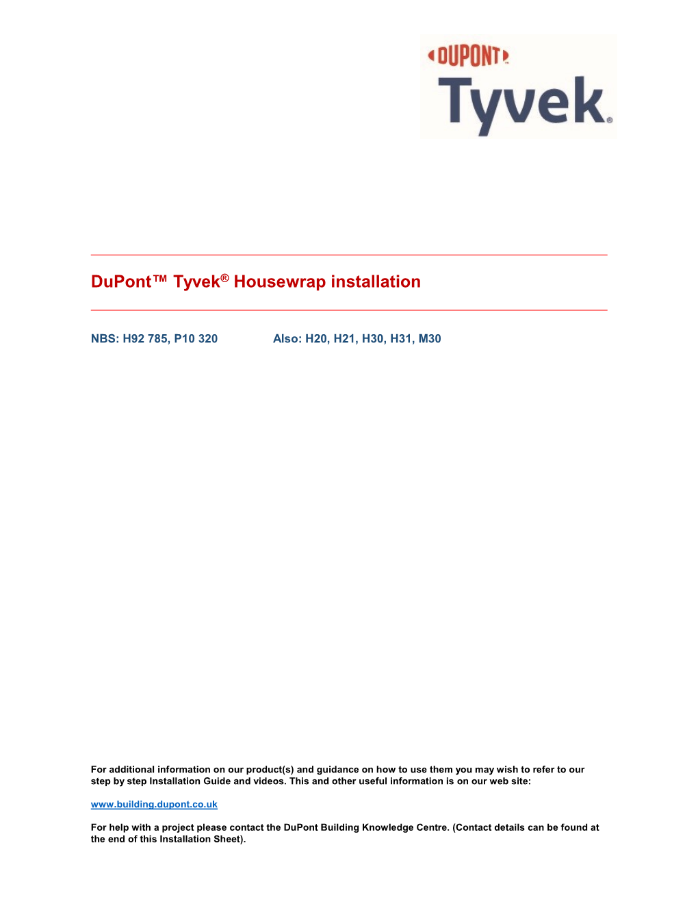 Tyvek® Housewrap Installation Sheet