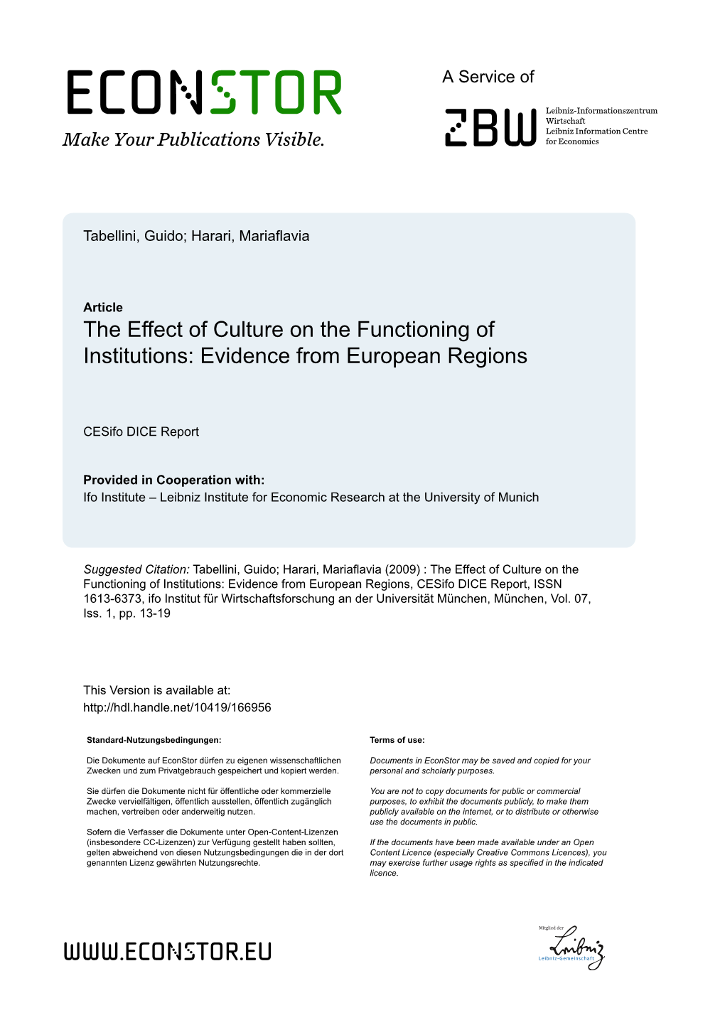 The Effect of Culture on the Functioning of Institutions: Evidence from European Regions