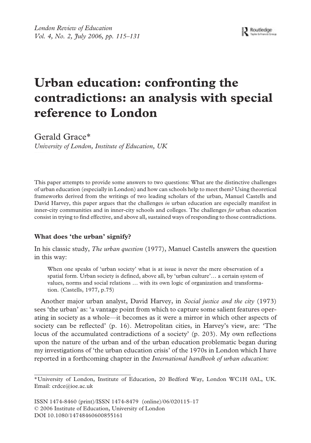 Urban Education: Confronting the Contradictions: an Analysis with Special Reference to London