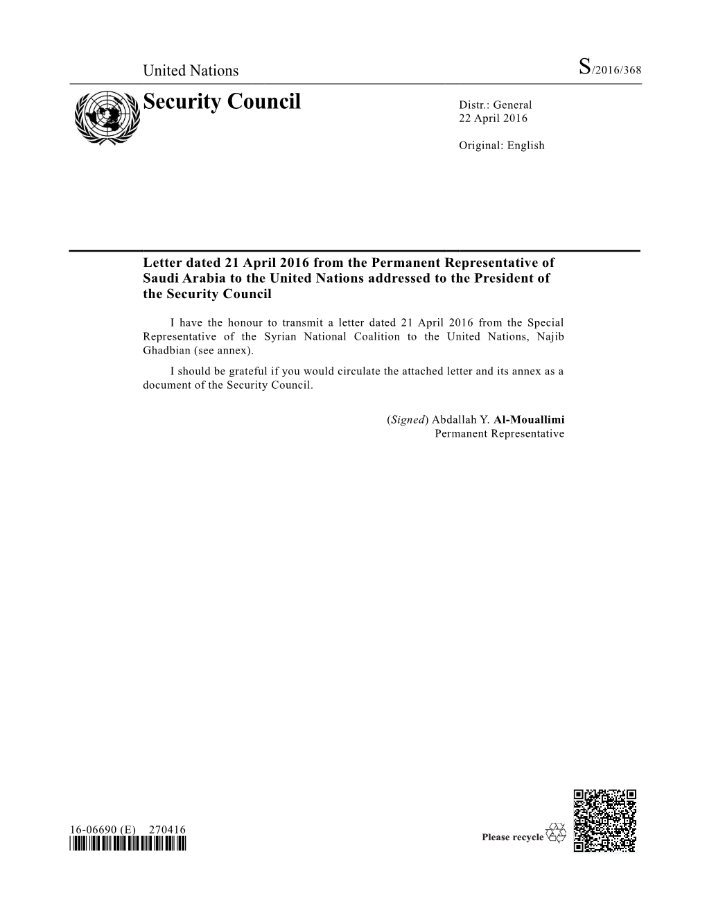 Security Council Distr.: General 22 April 2016
