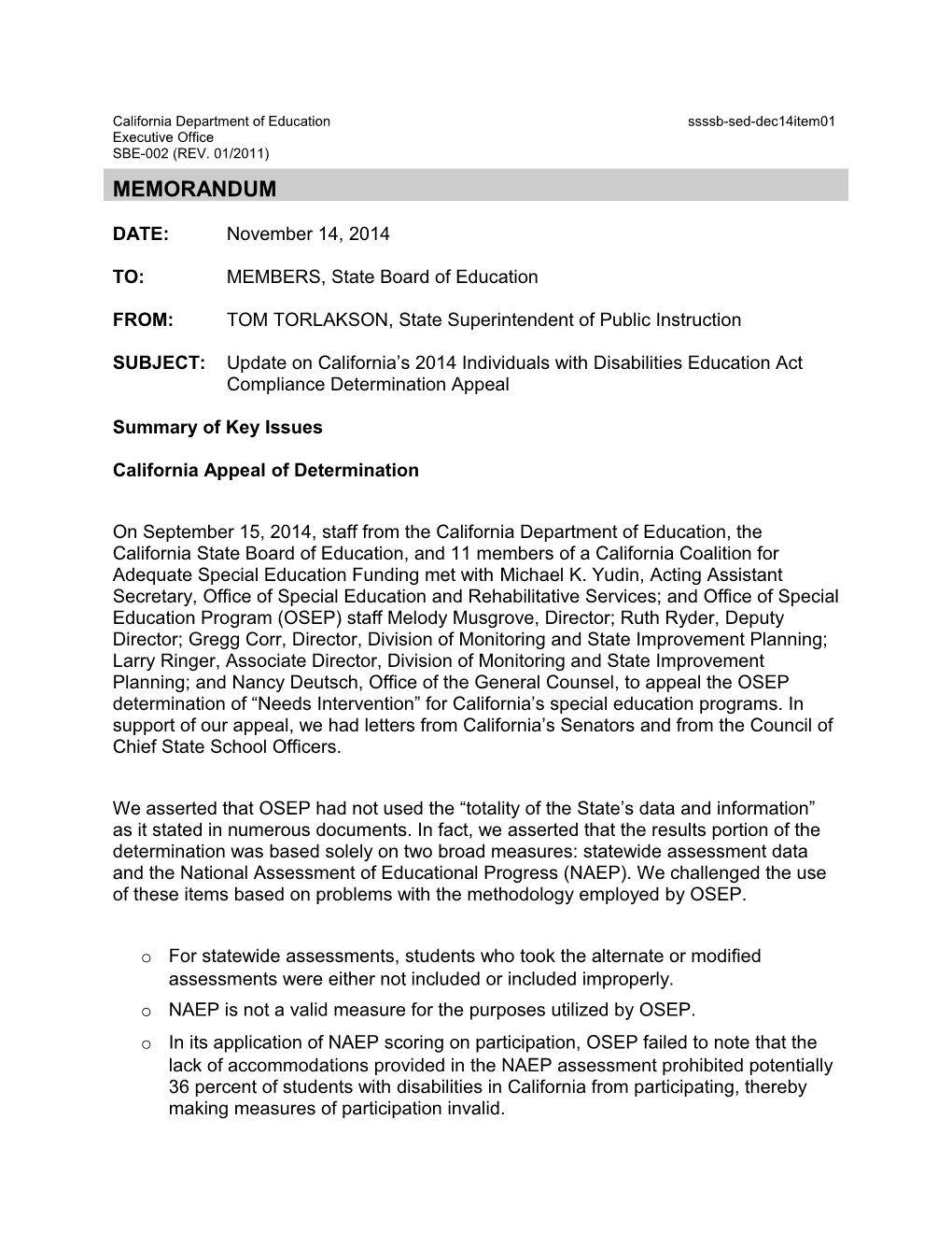 December 2014 SSSSB SED Item 01 - Information Memorandum (CA State Board of Education)