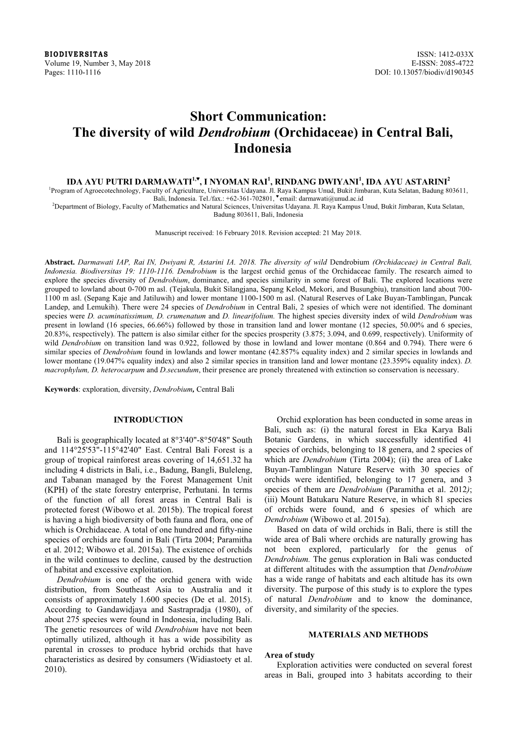 The Diversity of Wild Dendrobium (Orchidaceae) in Central Bali, Indonesia