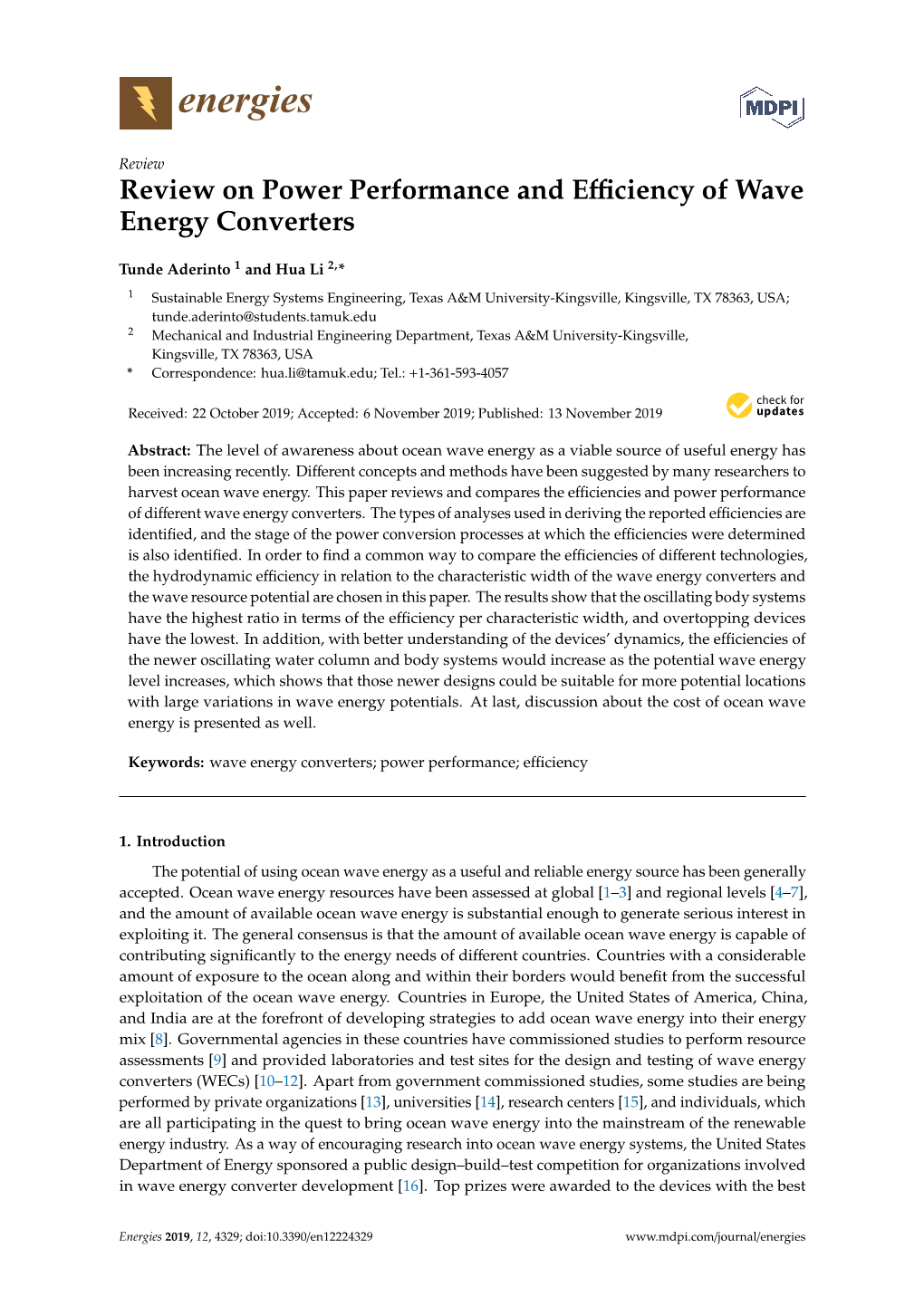 Review on Power Performance and Efficiency of Wave Energy Converters