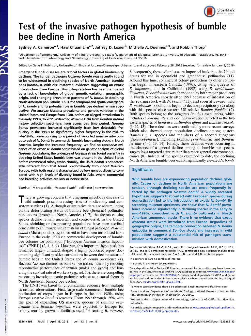 Test of the Invasive Pathogen Hypothesis of Bumble Bee Decline in North America