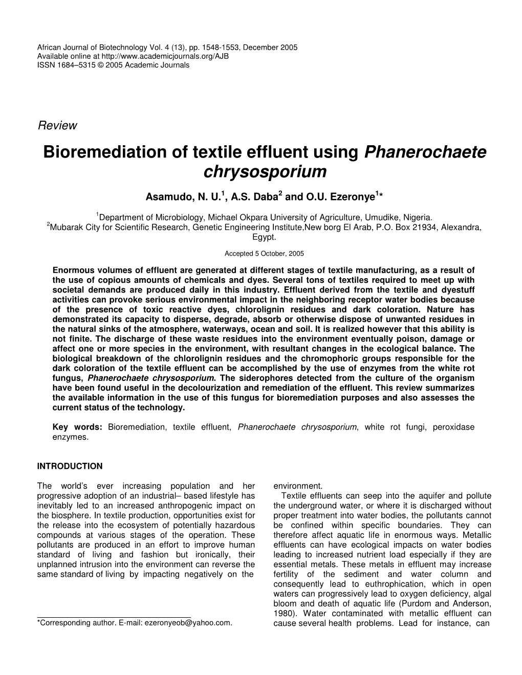 Bioremediation of Textile Effluent Using Phanerochaete Chrysosporium