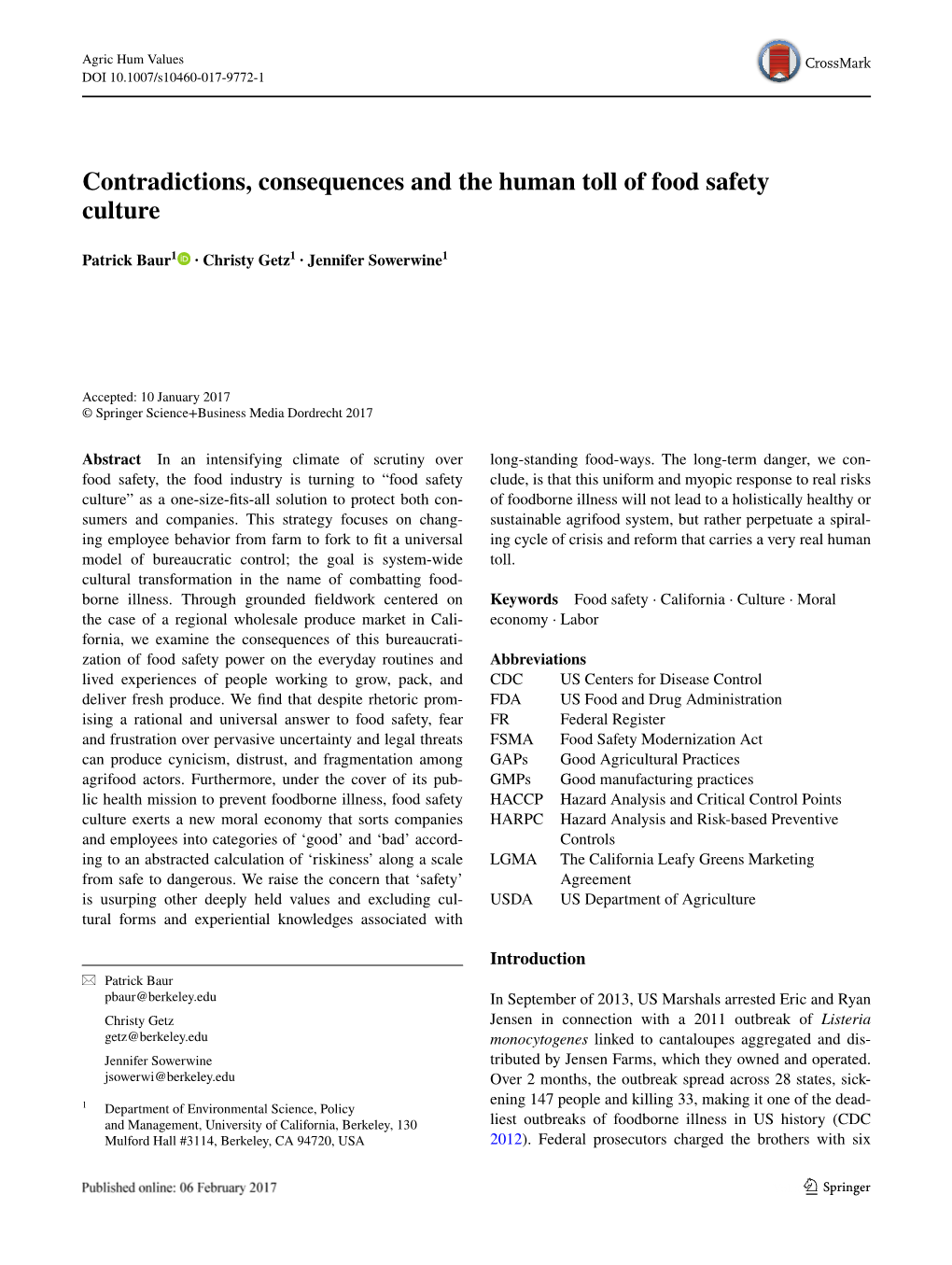 Contradictions, Consequences and the Human Toll of Food Safety Culture