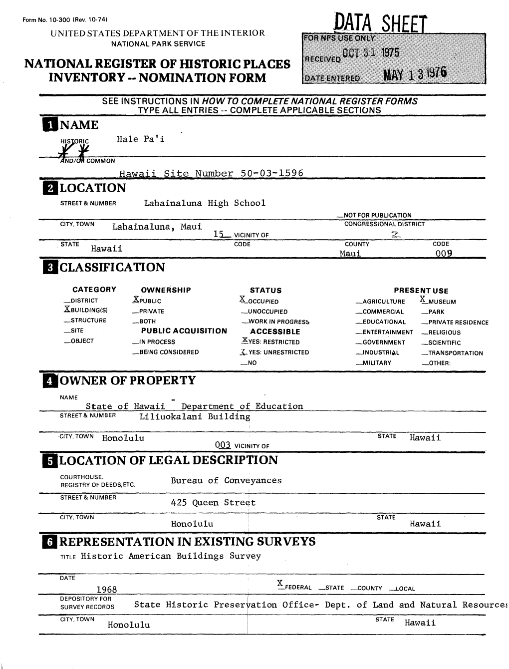 Data Sheet National Park Service National Register of Historic Places Inventory -- Nomination Form