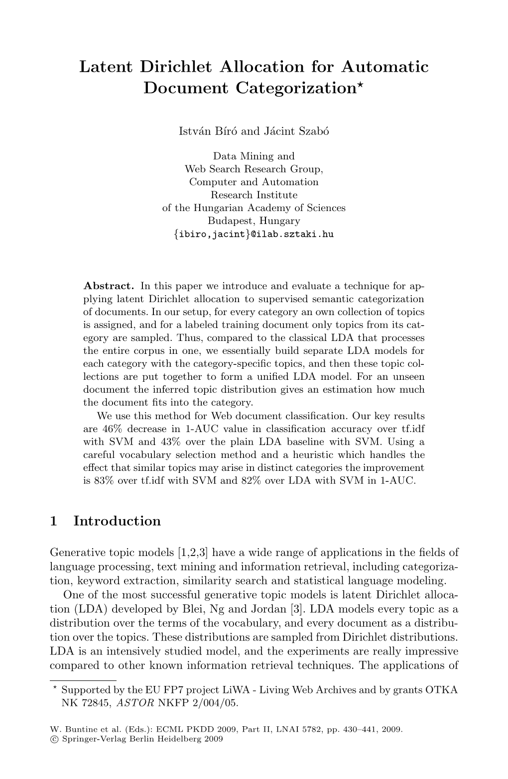 Latent Dirichlet Allocation for Automatic Document Categorization