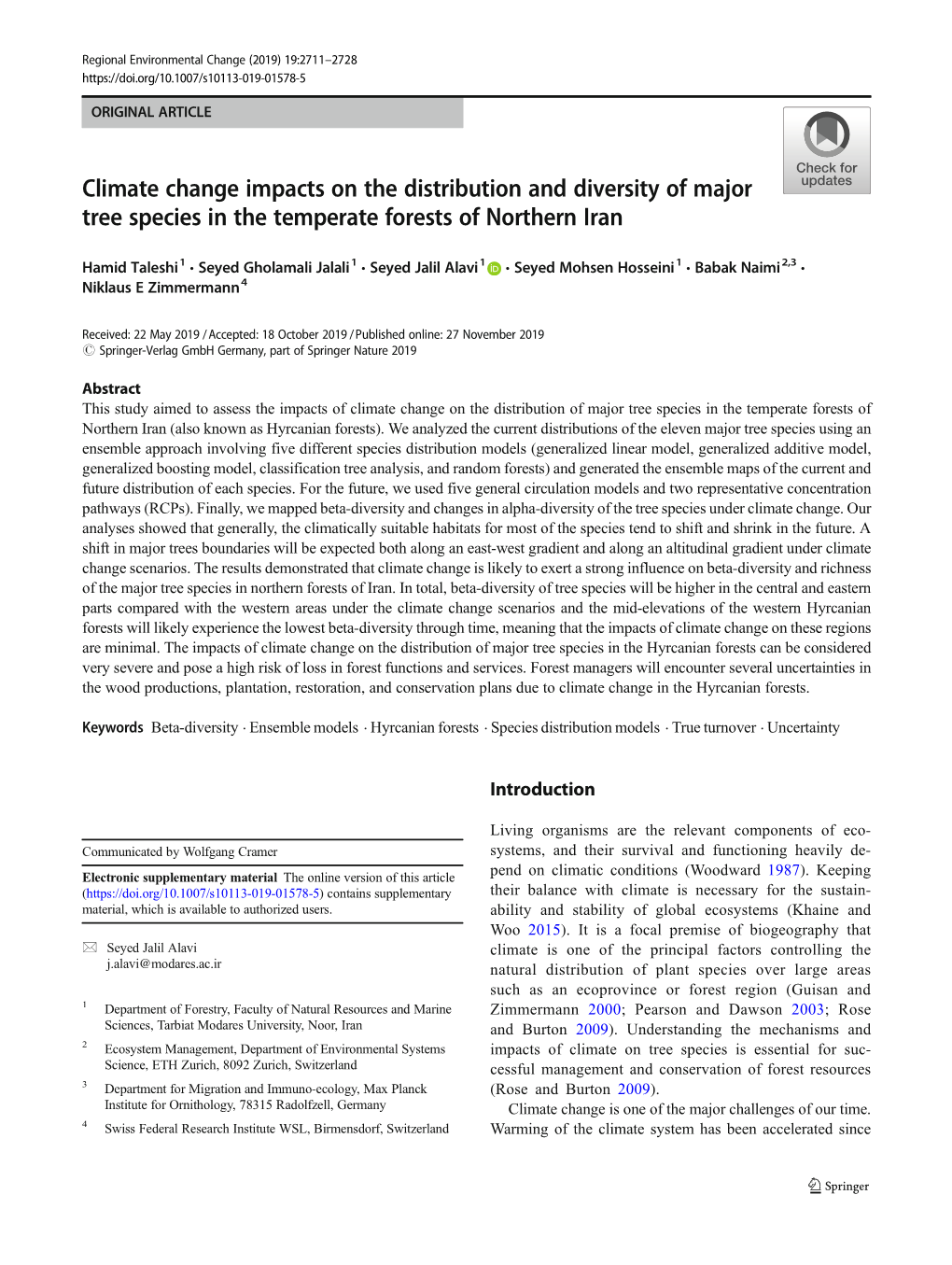 Climate Change Impacts on the Distribution and Diversity of Major Tree Species in the Temperate Forests of Northern Iran