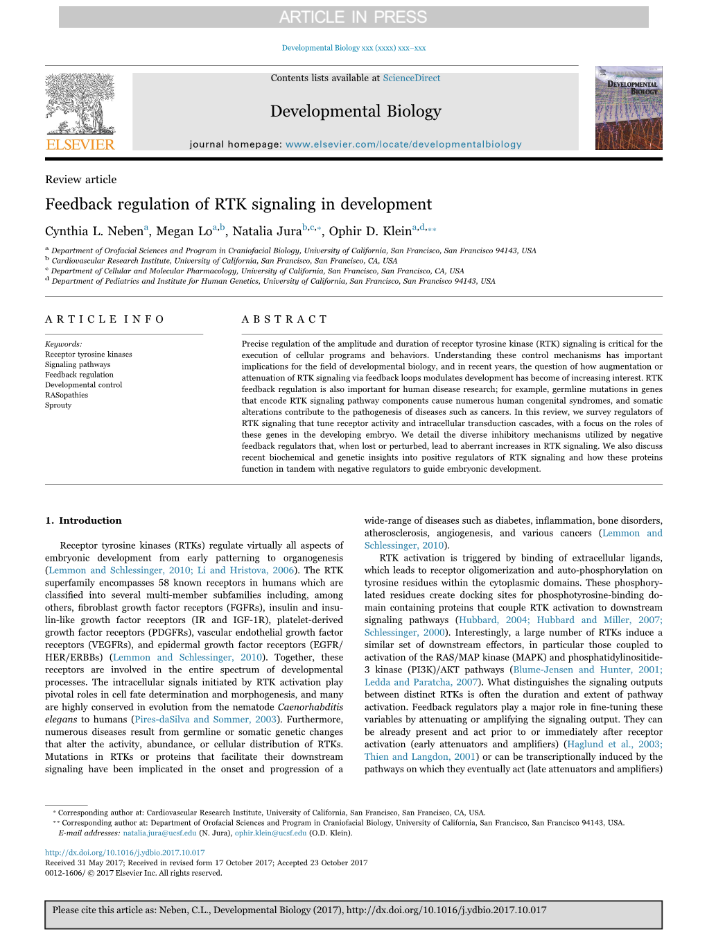 Feedback Regulation of RTK Signaling in Development ⁎ Cynthia L