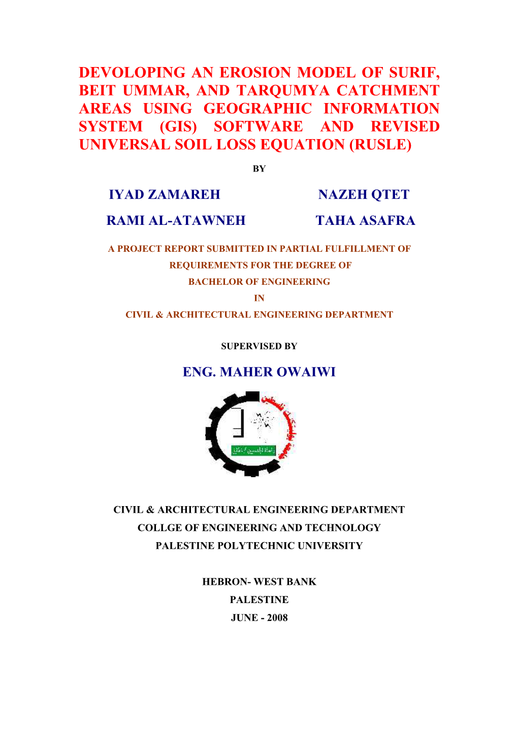 Devoloping an Erosion Model of Surif, Beit Ummar, And