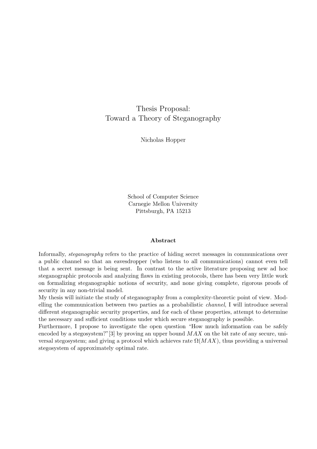 Thesis Proposal: Toward a Theory of Steganography