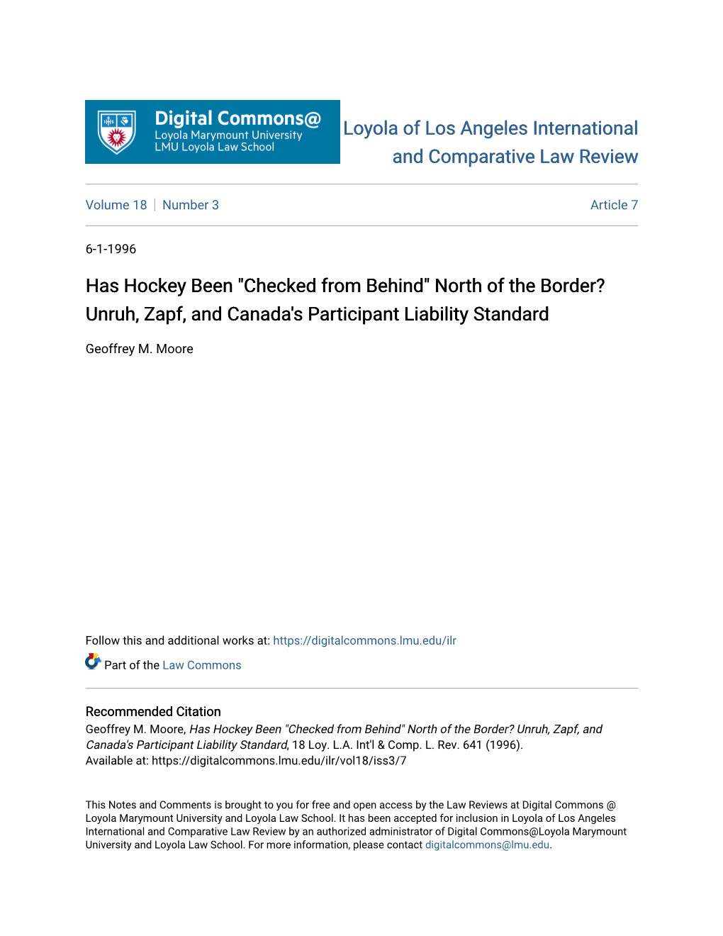 Has Hockey Been "Checked from Behind" North of the Border? Unruh, Zapf, and Canada's Participant Liability Standard