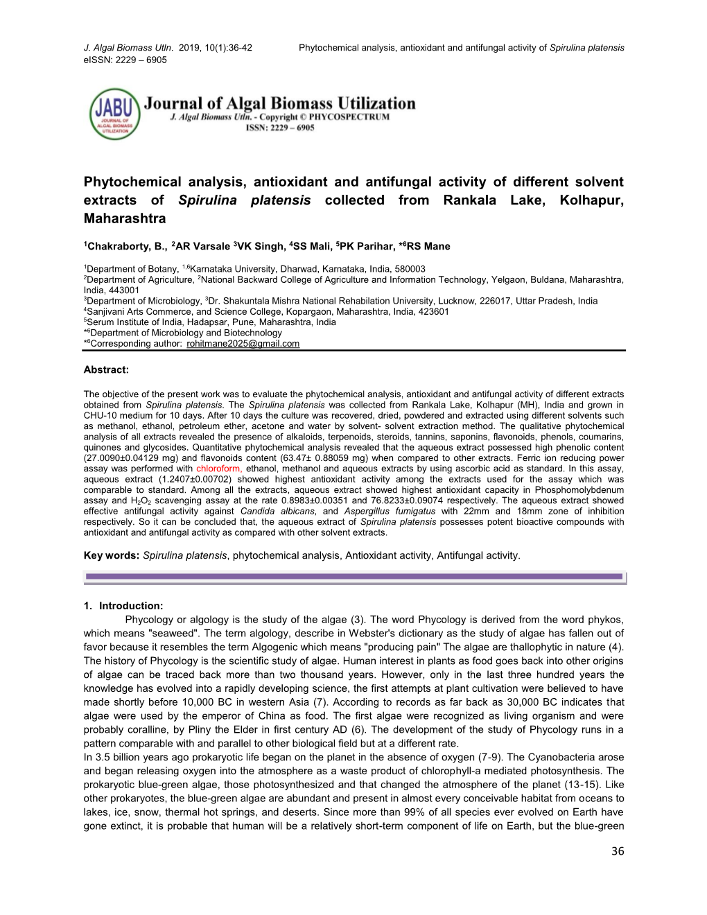 Phytochemical Analysis, Antioxidant and Antifungal Activity of Different Solvent Extracts of Spirulina Platensis Collected from Rankala Lake, Kolhapur, Maharashtra