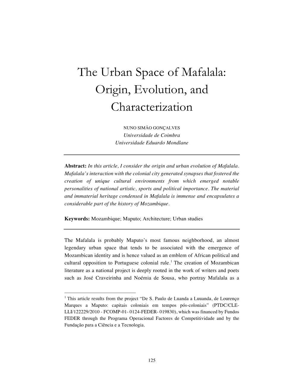 The Urban Space of Mafalala: Origin, Evolution, and Characterization