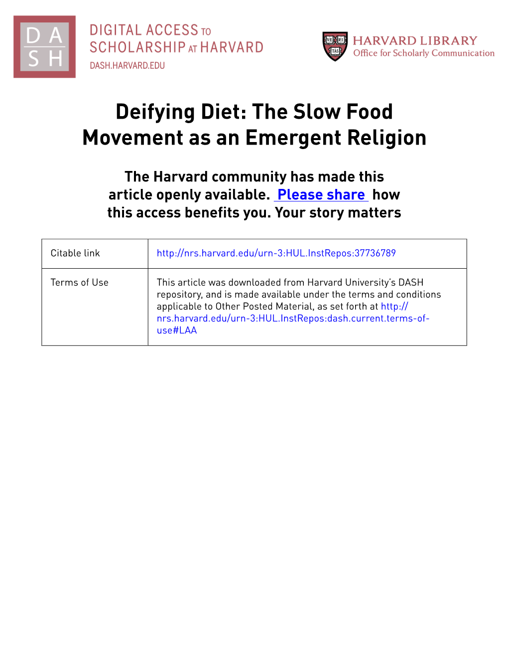 Deifying Diet: the Slow Food Movement As an Emergent Religion