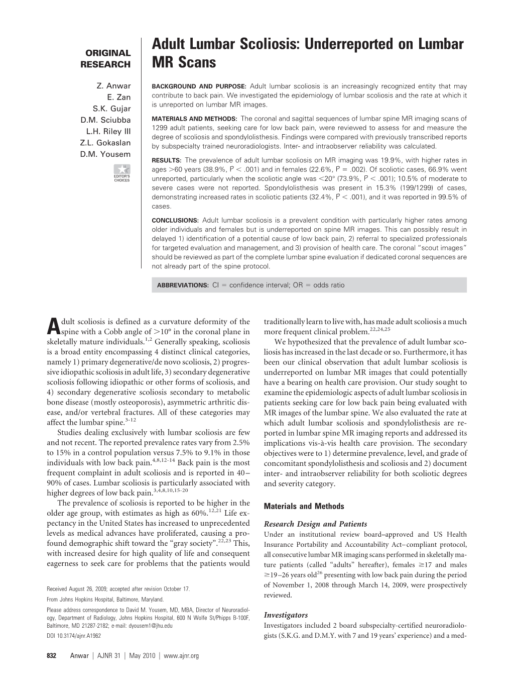 Adult Lumbar Scoliosis: Underreported on Lumbar MR Scans