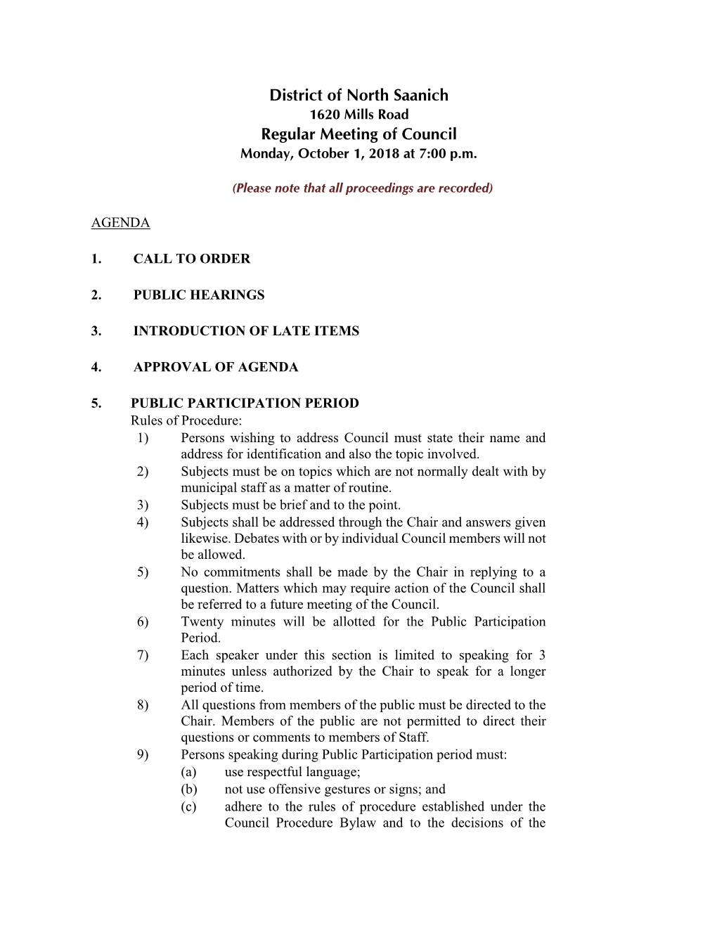 Regular Meeting of Council Monday, October 1, 2018 at 7:00 P.M