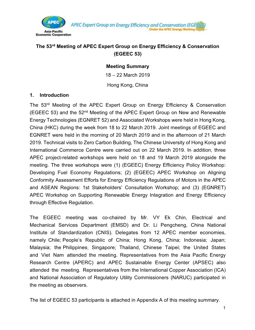 The 53Rd Meeting of APEC Expert Group on Energy Efficiency & Conservation (EGEEC 53)