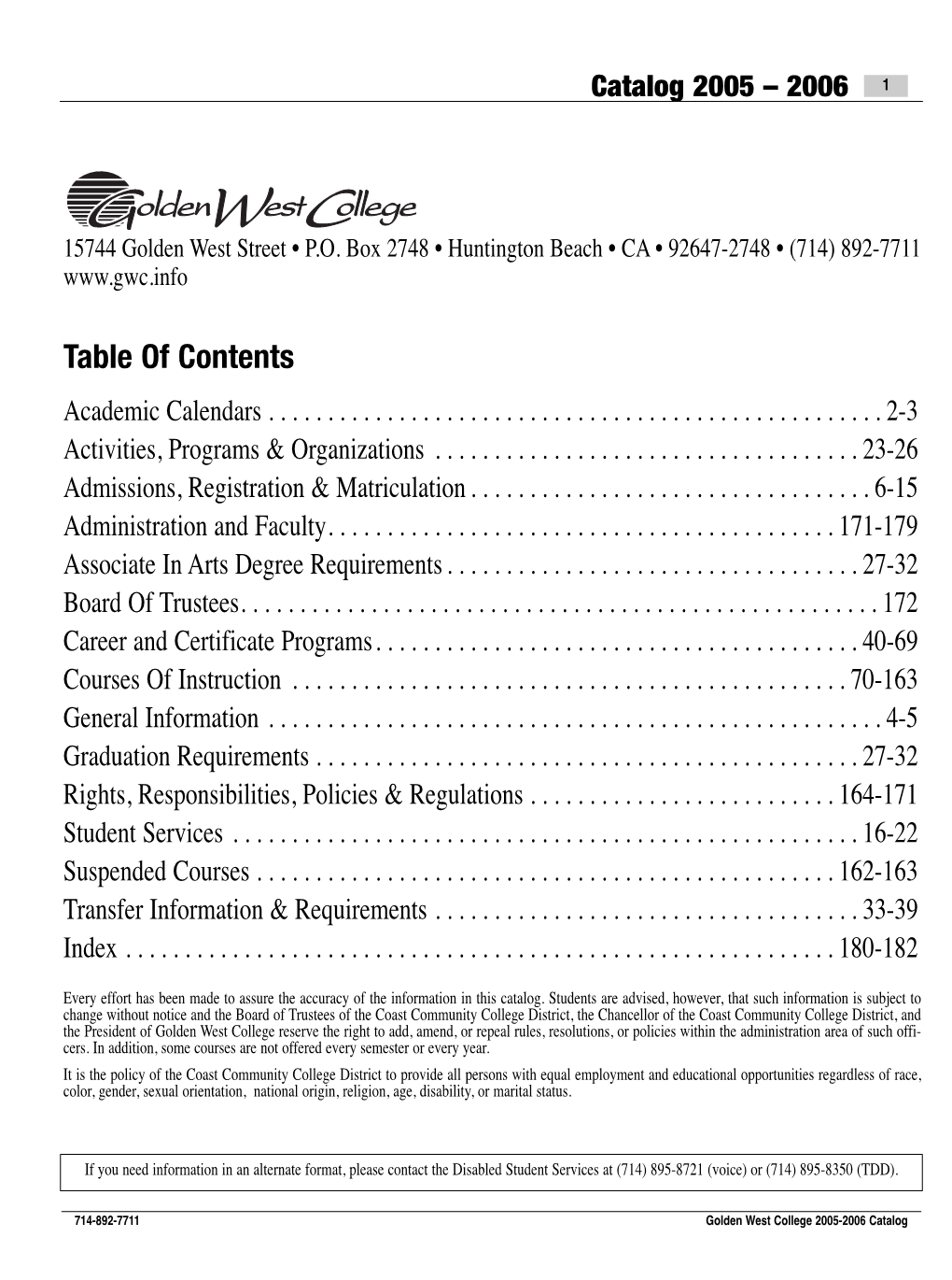 Table of Contents Academic Calendars