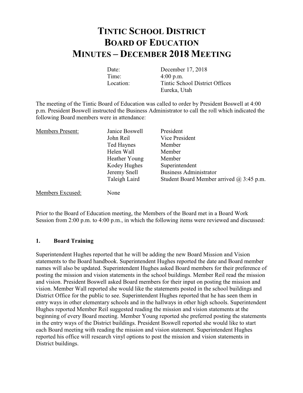 Tintic School District Board of Education Minutes – December 2018 Meeting