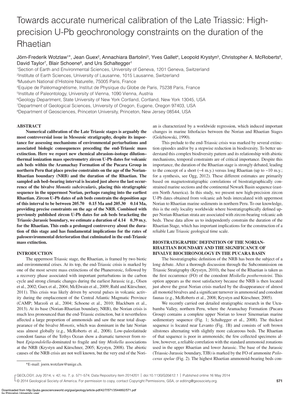 Towards Accurate Numerical Calibration of the Late Triassic: High- Precision U-Pb Geochronology Constraints on the Duration of the Rhaetian