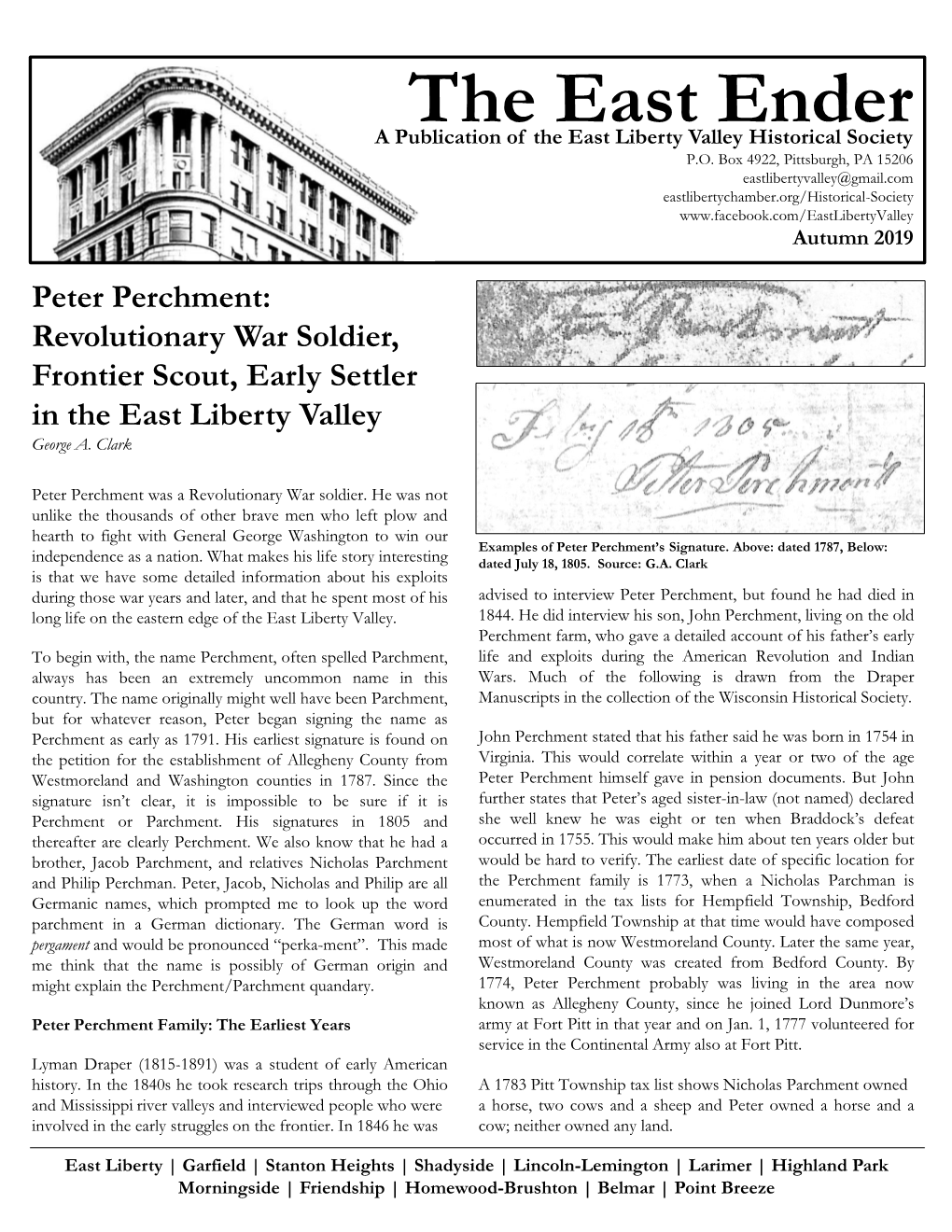 The East Ender a Publication of the East Liberty Valley Historical Society P.O