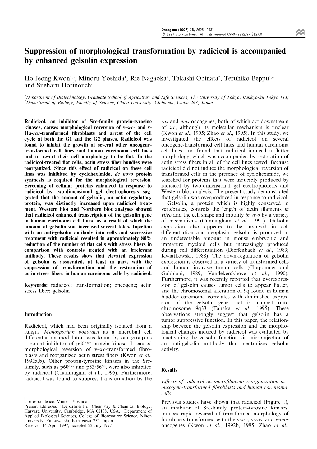 Suppression of Morphological Transformation by Radicicol Is Accompanied by Enhanced Gelsolin Expression