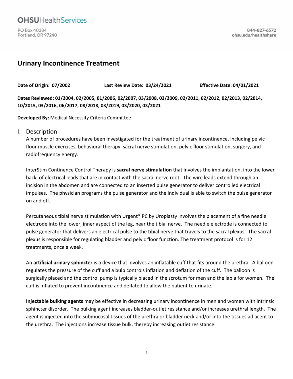 Urinary Incontinence Treatment