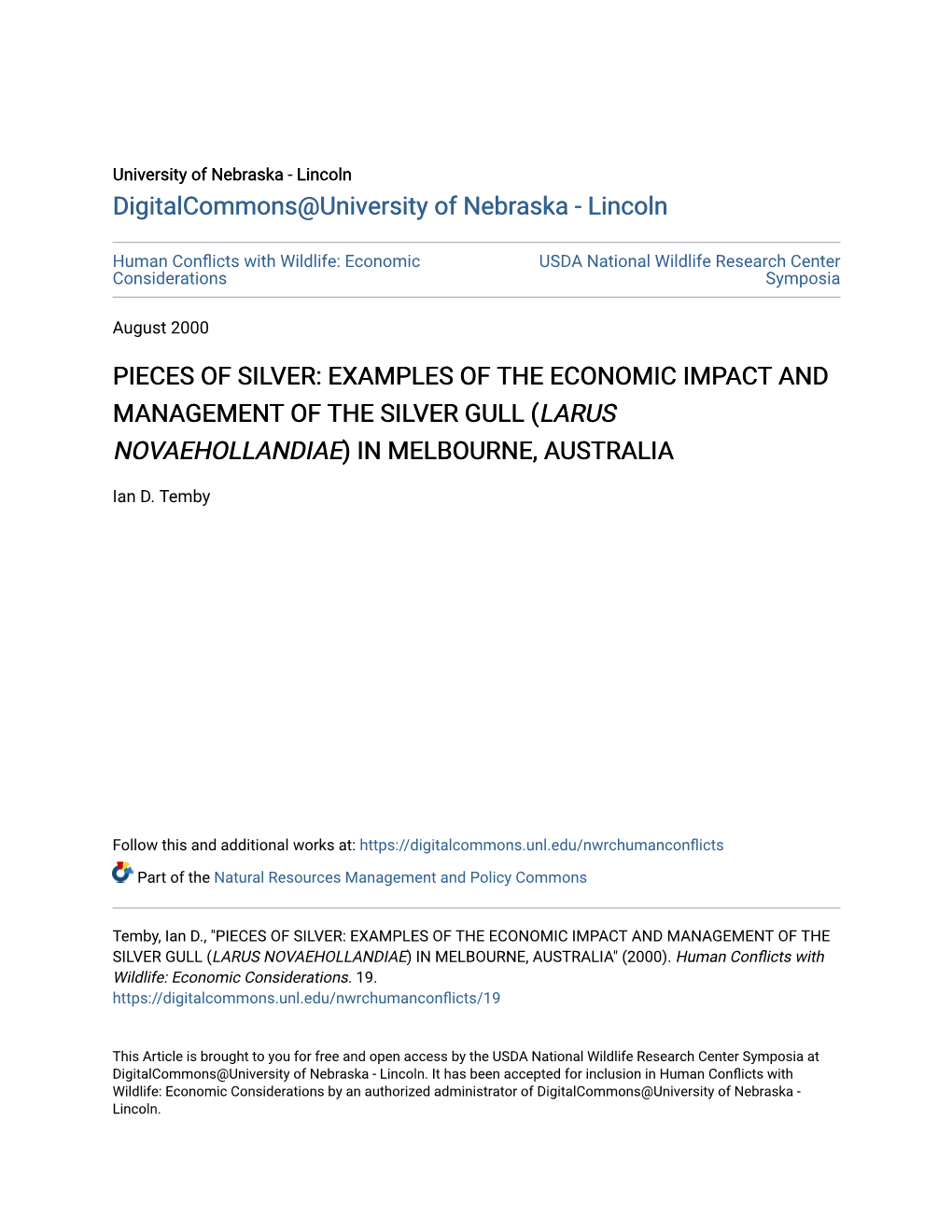 Examples of the Economic Impact and Management of the Silver Gull (Larus Novaehollandiae) in Melbourne, Australia